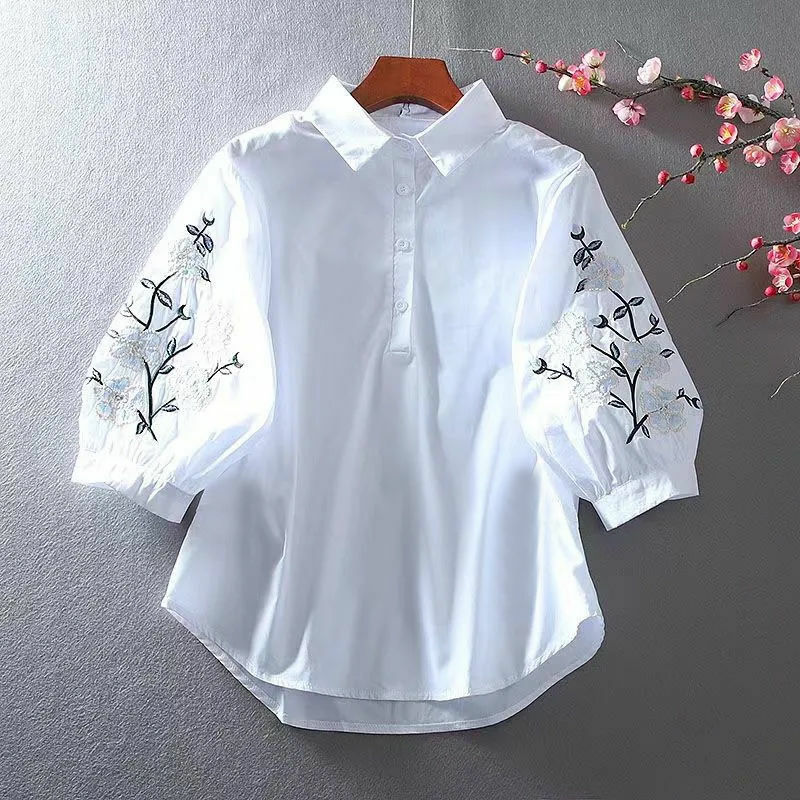 Camisa artística bordada de estilo fresco feminino, top casual solto, novo estilo, verão, 2024