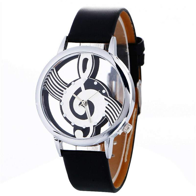 Relógio de quartzo com mostrador oco luxuoso para senhoras, design de nota, pulseira de couro clássica, casual casal
