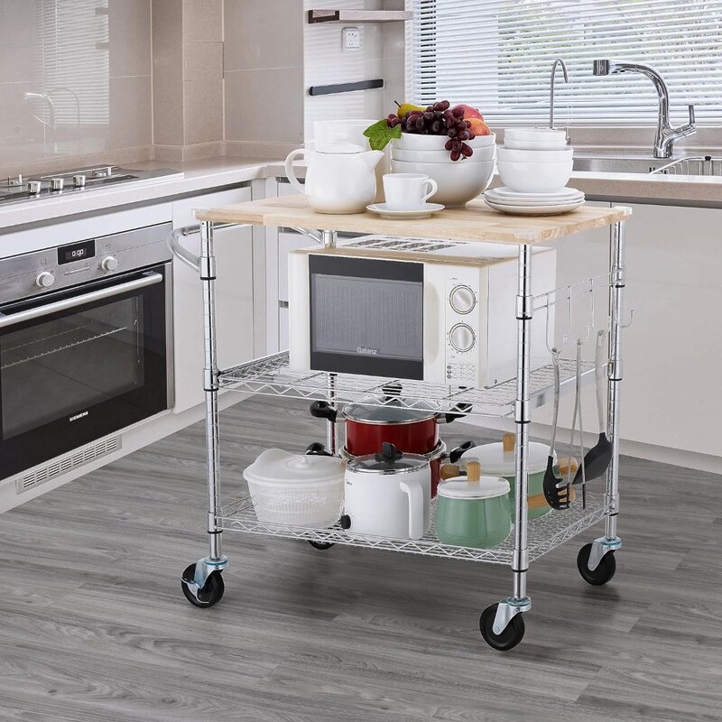 Finnhomy 3-Tier Rolling Kitchen Cart with 18" D x 30" W Oak Wood Tabletop, Kitchen Island Cart with 4" Wheels and Slider Shelf