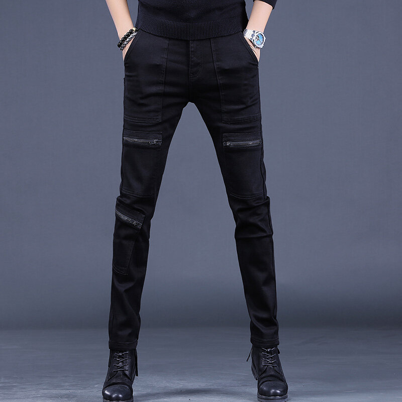 Calça reta justa masculina com zíper, jeans preto, bolsos múltiplos, moda de rua casual, calça jeans stretch, outono