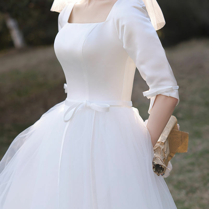 Białe satynowe suknie ślubne dla panny młodej formalne wieczorowa elegancka siatka francuska prosta w stylu Hepburn Super bajkowe letnia sukienka kobiet