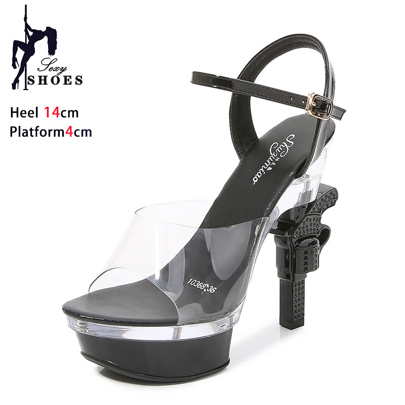 女性のための透明なPVCプラットフォームサンダル,厚い靴底付きの透明な靴,パーティーサンダル,ランウェイ,ブラックモデル,新しい夏,2021, 14cm