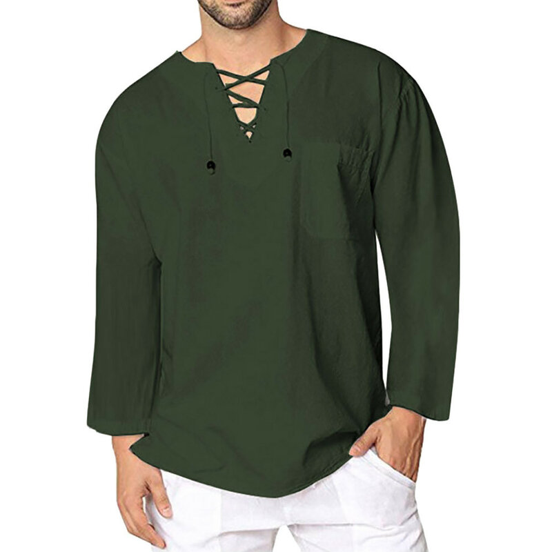 Camisetas musulmanas de lino para hombre, camisas Hippie de algodón, Túnica de manga larga con cuello en V, camisa árabe grande y alta, 2024