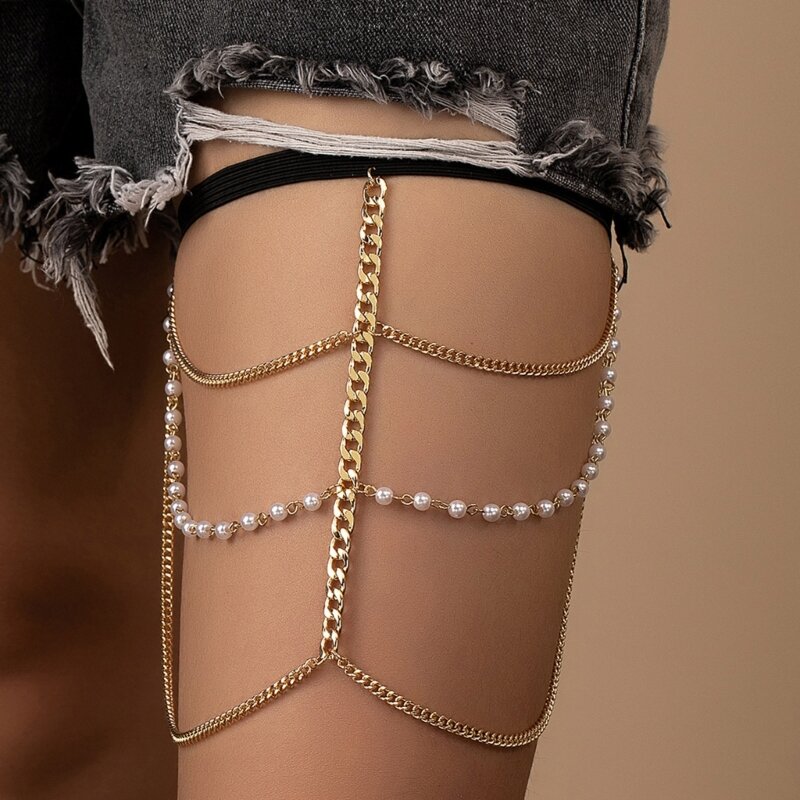 Cadena para pierna con cuentas de perlas delicadas, cadena Sexy elástica para muslo para mujer, joyería de baile, triangulación