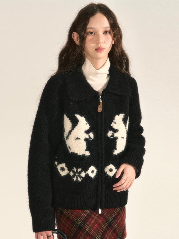 Deeptown-Cardigã com padrão esquilo kawaii feminino, suéter extragrande, tops de malha, coreano, Harajuku, vintage, outono, inverno