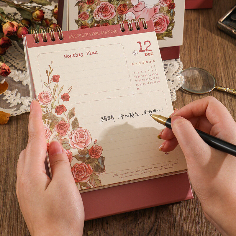 Kalender gedung mawar Adele baru 2024 tahun kartun kelinci dan kalender meja mawar perencana jadwal harian bulanan