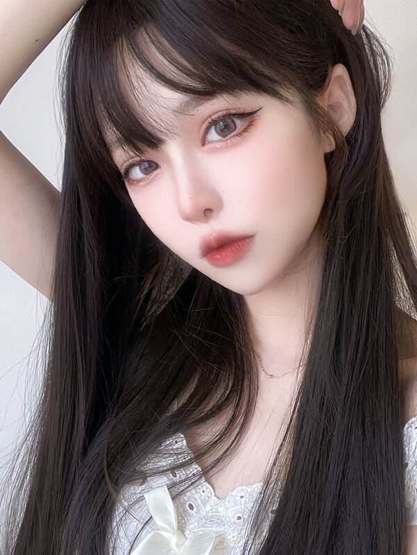 24Inch Dark Brown Synthetic Wigs With Bang Long Natural Straight Hair Wig for Women Daily Use Cosplay Heat Resistant Lolita