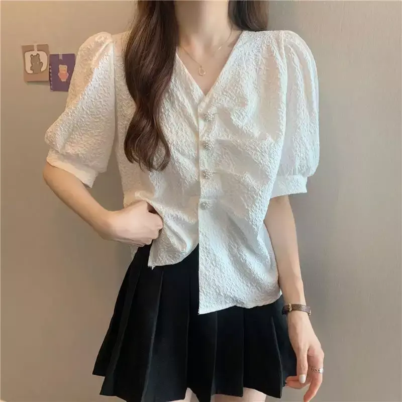 여성용 퍼프 슬리브 셔츠, 우아한 스위트 프레피 브이넥 블라우스, 단색 진주 버튼 쉬폰 셔츠, 한국 패션