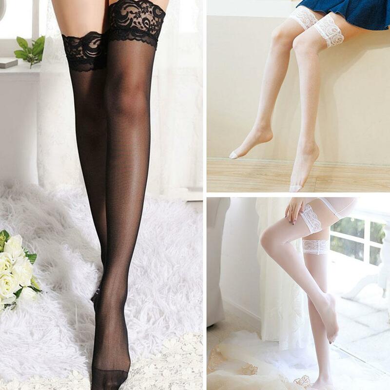 1 pasang kaus kaki tinggi renda kaus kaki seksi wanita kaus kaki lutut tinggi tali silikon renda anti-selip paha klub malam hadiah erotis wanita