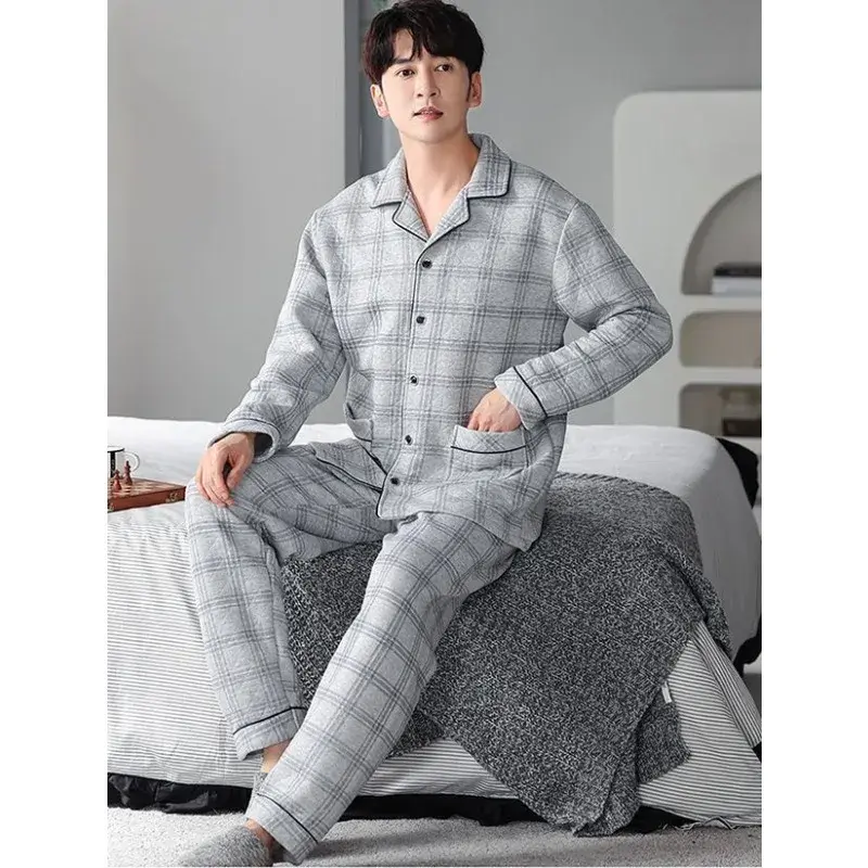 2024 New Pajama Men Autumn Winter Cotton Padded Sandwich Long-sleeved Loungewear Air Cotton Warm Homewear Suit V-neck Sleepwear