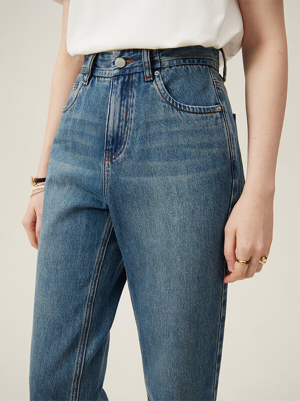 FSLE 100% bawełniana casualowa, dopasowana do siebie, damska skrócone dżinsy wiosna nowa wysoka talia z prostymi nogawkami niebieskie spodnie jeansowa 24 fs11298