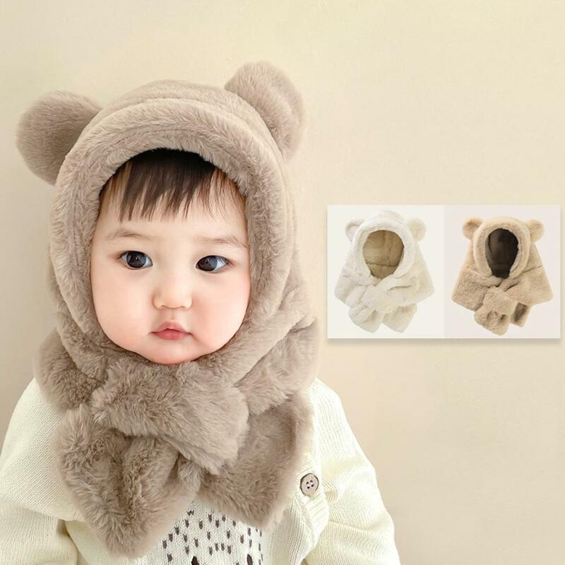 One-Piece Winter Baby Hat Scarf Cute Bear Plush Children Scarf Hat Baby Ear Protection Cap Outdoor Windproof Beanies Neck Warmer