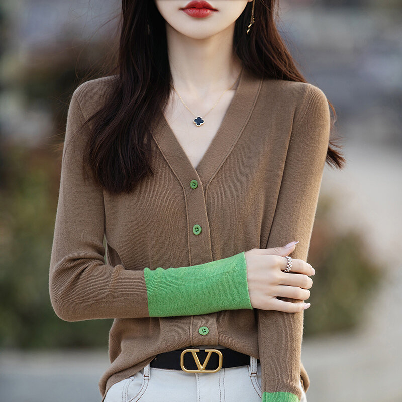 Spring and Autumn V-neck Colored Spinning Wool Cardigan Women's Long sleeved Knitted Slim fit Sweater Versatile Top Trend
