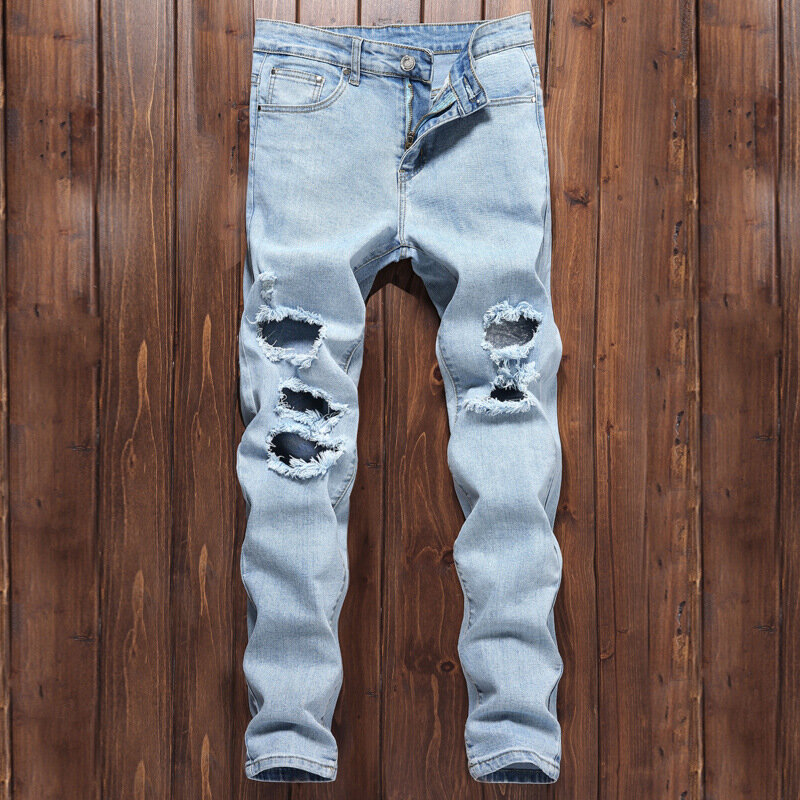 2024 cross-border supply Europe and the United States street fashion men spring ripped knee stretch slim light blue jeans