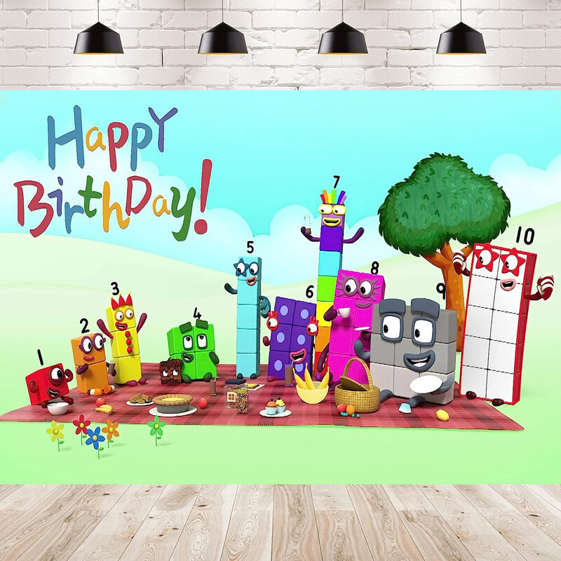 Bloques de construcción de números de dibujos animados, cartel de fotografía de látex para fiesta de cumpleaños, suministros de decoración de fiesta de Baby Shower, feliz B