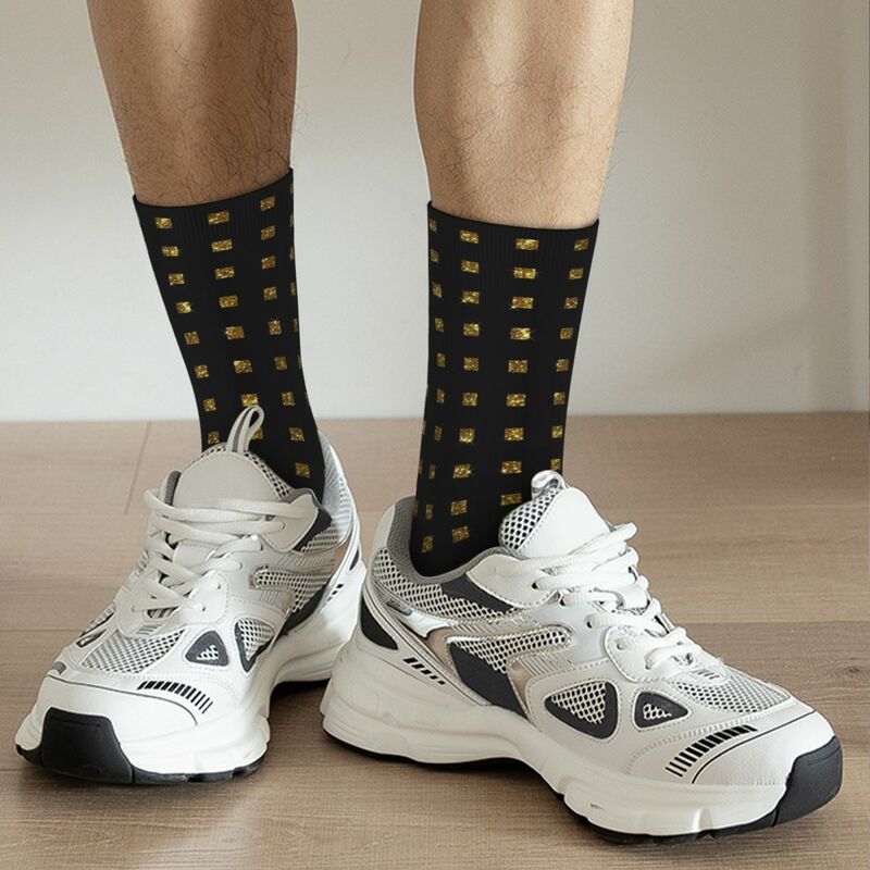 Luxe Gold Glitter Squares On Black Socks Harajuku Super Soft Stockings All Season Long Socks Accessories for Man's Woman's Gifts
