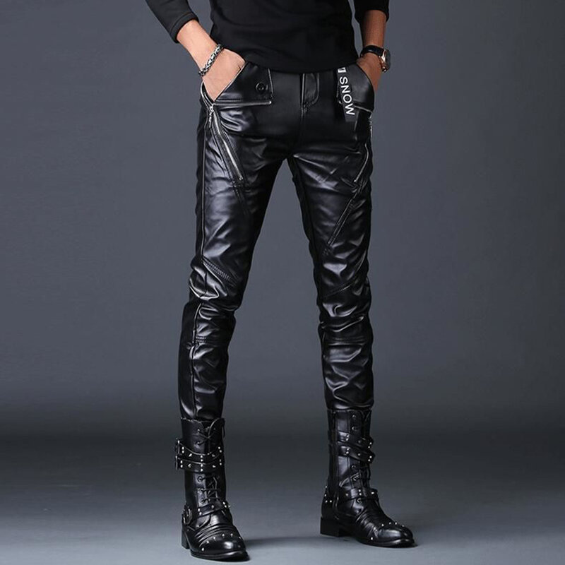 Pantalones de cuero de lujo para hombre, pantalones ajustados de tubo, estilo Punk, para club nocturno, nueva versión coreana