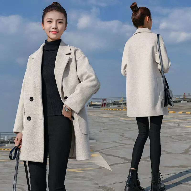 Women Long Sleeve Double Breasted Fashion Jackets Winter Casual Loose Elegant Black Outwear Female Wool Blend Warm Coat Trench