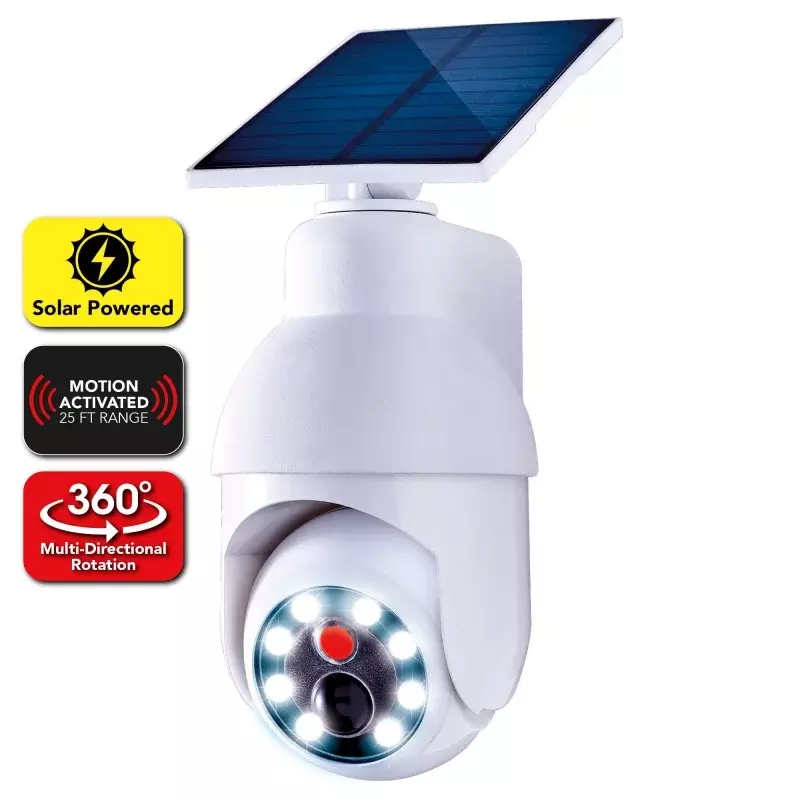 Handy Brite Solar Security 360 LED Light that Looks like a Camera with a Beam Spread of 120 Degrees.