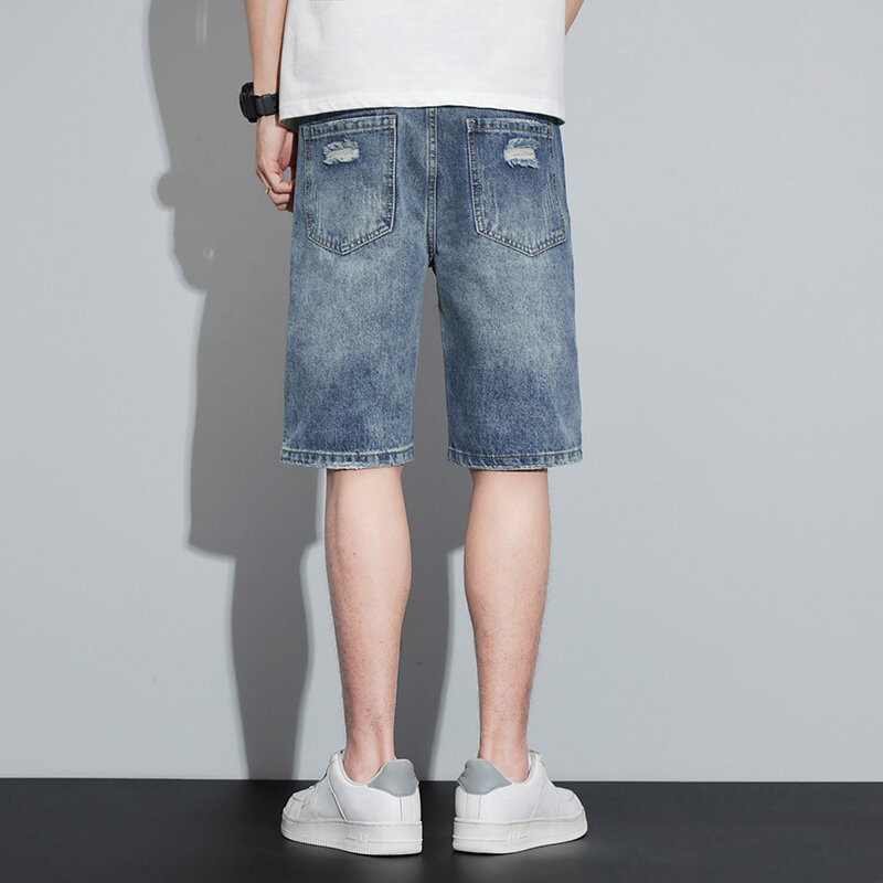 Shorts jeans rasgados masculinos, jeans angustiados, streetwear de hip hop, punk, azul, oco fora, verão, 2022