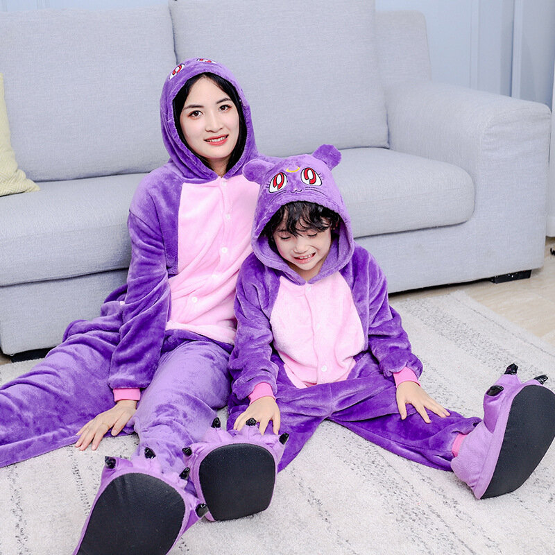 Kigurumi baju tidur anak dewasa, piyama satu potong flanel kucing ungu Unisex untuk anak-anak, kostum Cosplay Natal, baju tidur Jumpsuit