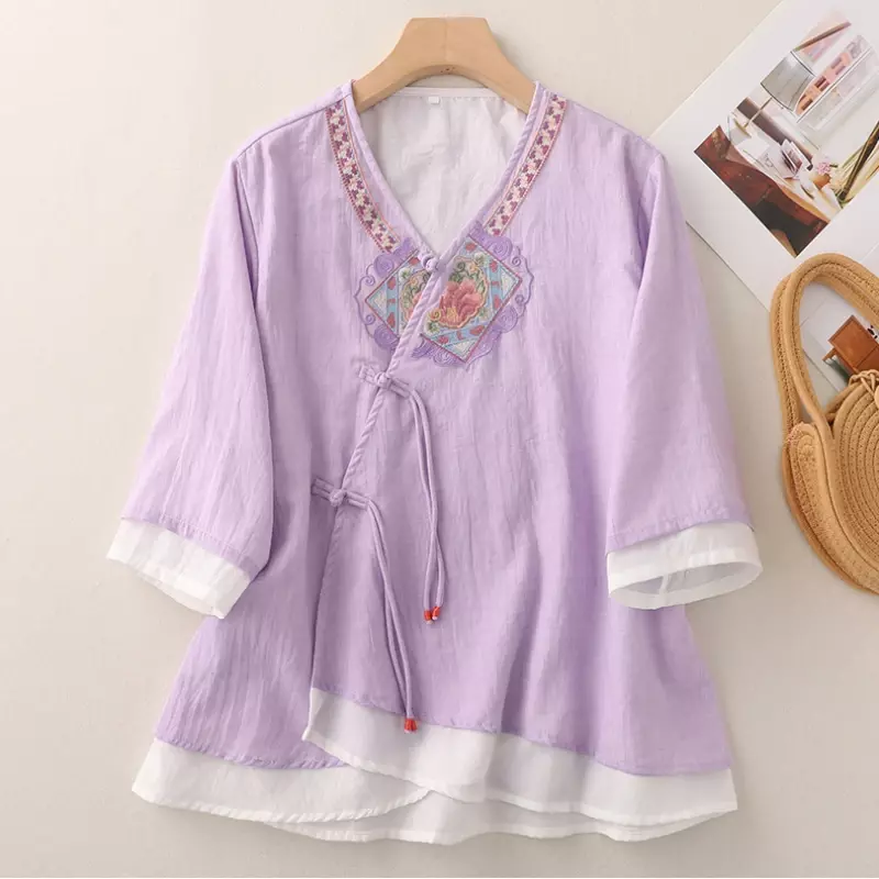 Camisa de estilo chino para mujer, blusas Vintage bordadas, Tops sueltos de lino y algodón con cuello en V, ropa de moda coreana 2024