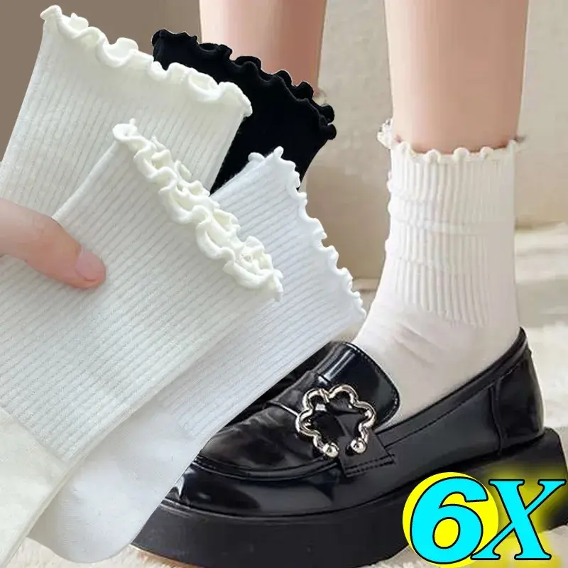 1/2/3 pasang katun Ruffles kaus kaki pergelangan kaki wanita Lolita Lucu Kawaii stoking Korea gadis musim semi hitam putih tabung tengah Sox Jepang