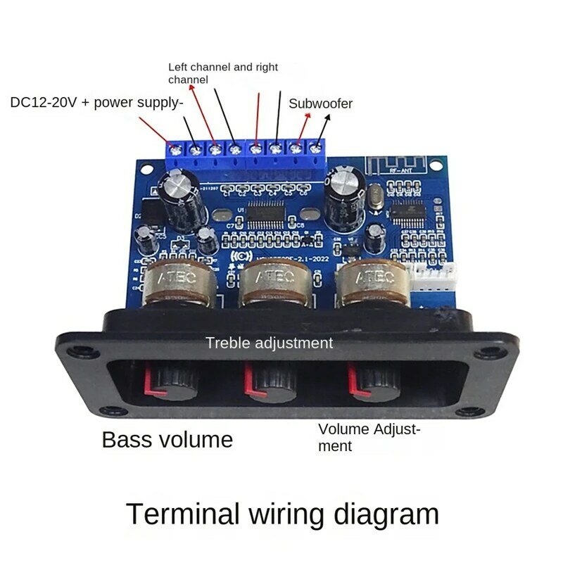 2.1 canais placa amplificador de potência digital + aux áudio cabo 2x25w 50w bt5.0 subwoofer classe d placa amplificador DC12-20V