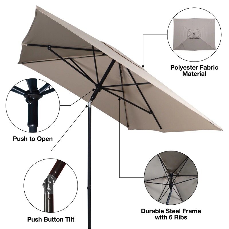 Guarda-chuva retangular do mercado, guarda-chuva push-up, 6x7,5 pés, costelas resistentes para quintal e piscina, simples e Deluxe, 6