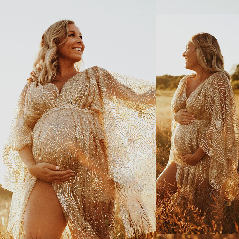 Maternity Photography Props Maxi Dress Wedding Gold Lace Voile Gown for Pregnant Women Photo Shoot Pregnancy Prop Accessories