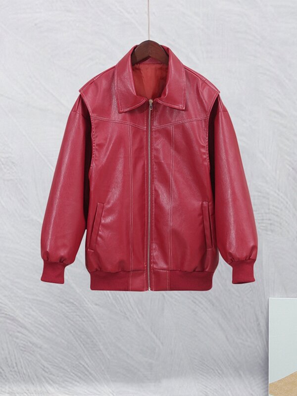 เสื้อแจ็กเก็ตสีแดงคอปกแขนยาวมีซิปเสื้อโค้ทหนังสตรีทแวร์2023ฤดูใบไม้ร่วงที่หรูหรา