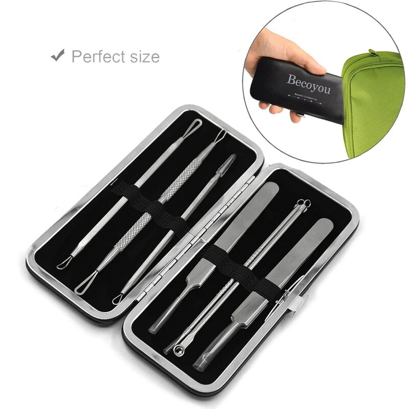 7Pcs Portable Facial Nursing Set Blackhead Whitehead Acne Pimples Remover Kit Stainless Steel Nose Blemishes Extractor Tweezers