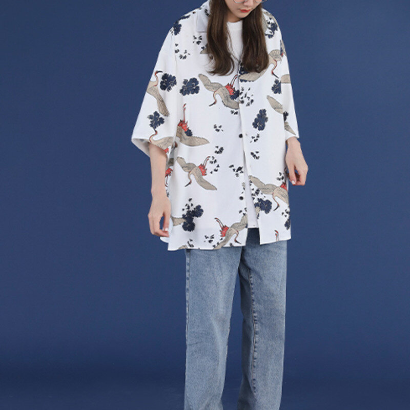 2021 nowa letnia i wiosenna damska jednorzędowa, ponadwymiarowa klapa bluzka Harajuku nadruk żurawia Streetwear z krótkim rękawem