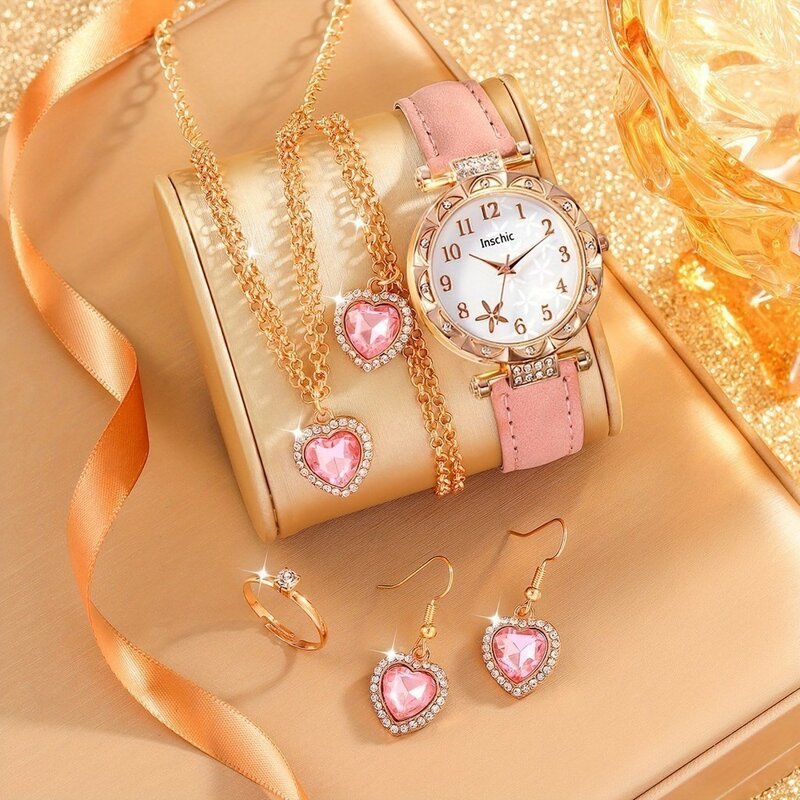 Relógio de quartzo com mostrador redondo feminino, strass, padrão estrela do mar, cinto rosa, conjunto de jóias em forma de coração, conjunto de 6 peças