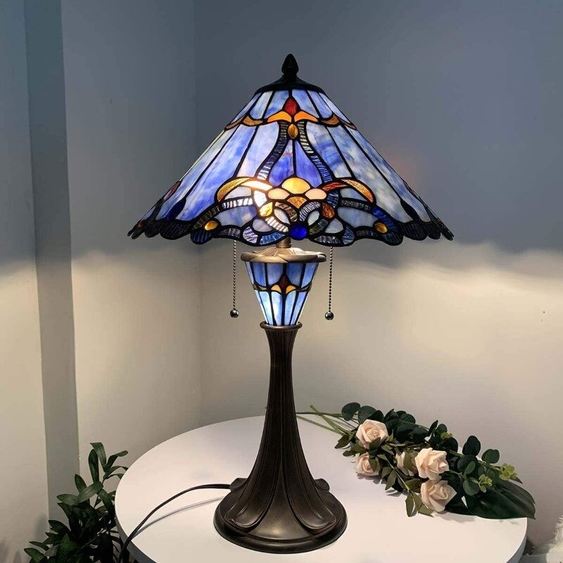 Bieye L10684 Baroque  Style Stained Glass Table Lamp, 16" wide blue shade dual lamp, 24.5" tall