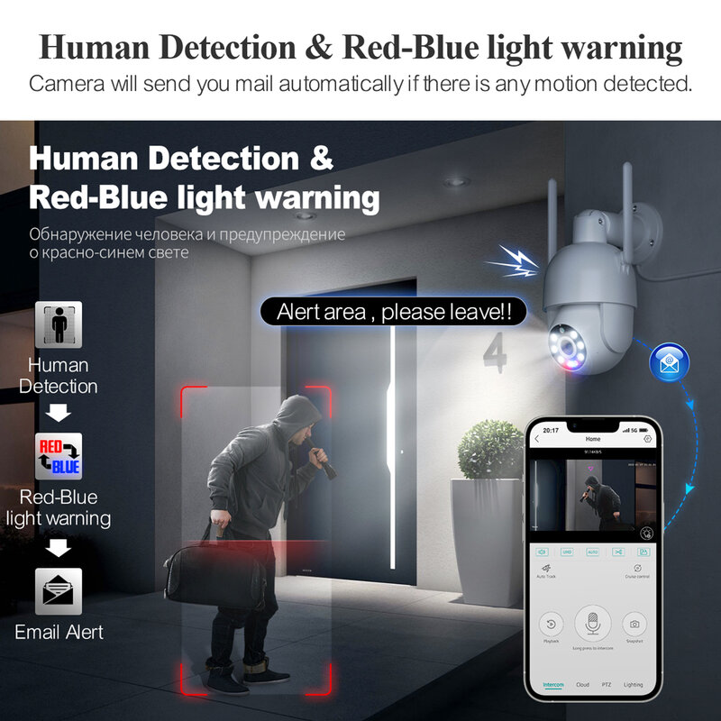 Detecção Humana, Câmera de Segurança Sem Fio, Visão Noturna Colorida, 4MP, Áudio Bidirecional, Rastreamento Automático, Câmera IP Wi-Fi Techage-PTZ