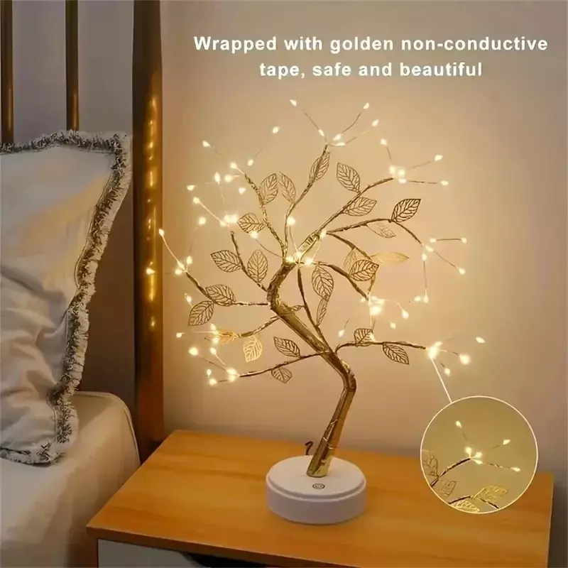 Lampu meja LED pohon, lampu LED USB dapat disesuaikan saklar sentuh DIY kawat tembaga buatan pohon peri lampu malam untuk dekorasi rumah Natal