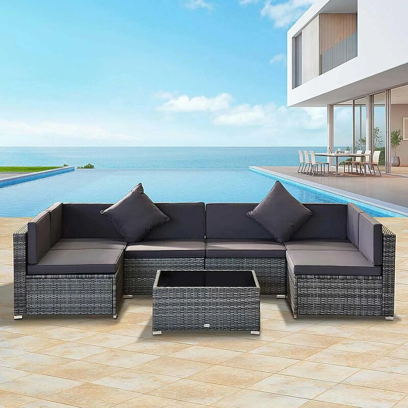 7-Piece Patio Furniture Sets Outdoor Wicker Conversation Sets All Weather PE Rattan Sectional Sofa Set with Cushions & Desktop