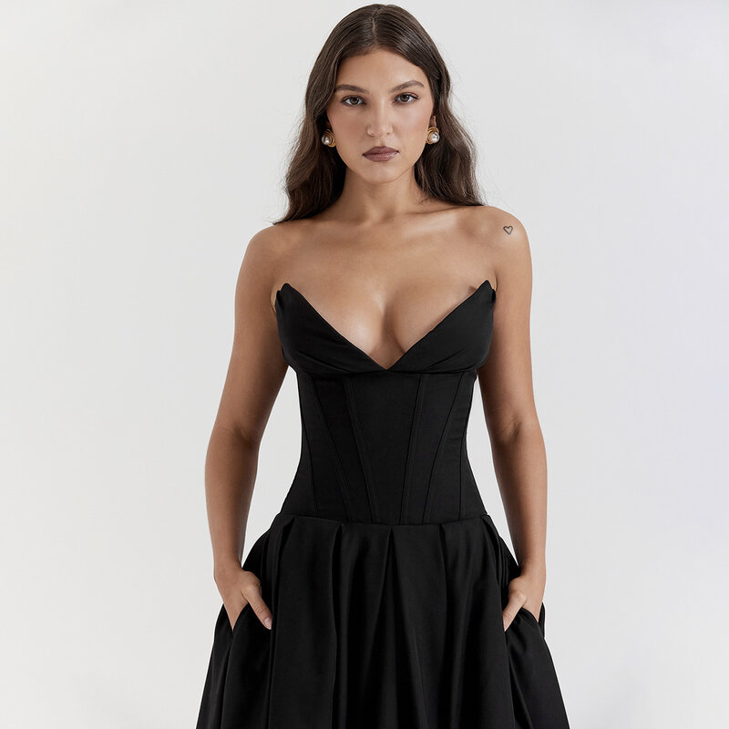 Elegancka sukienka maxi z gorsetem na ramiączkach i dekoltem w szpic dla kobiet Sexy Slim Fit Swing Black Long Dresses Female Party Wedding Evening Robes