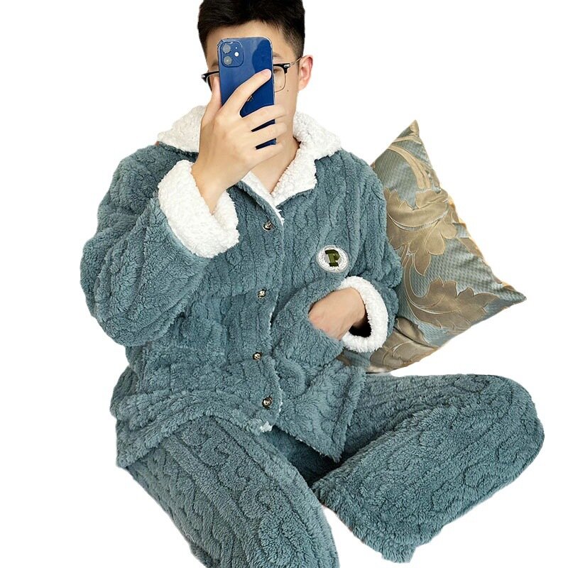 ชุดนอนผู้ชายแขนยาวฤดูหนาวมีกระเป๋าไซส์ใหญ่พิเศษชุดนอนผ้าคอรัลฟลีซหนาเสื้อใส่อยู่บ้านทรงหลวม