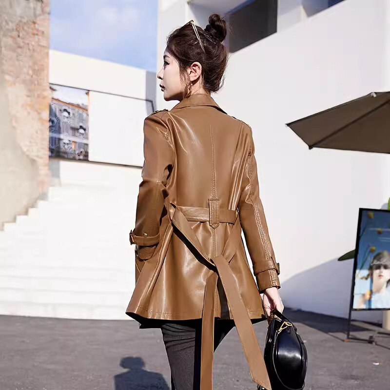 New Women Spring Autumn Leather Coat Fashion Turn-down Collar Double Breasted Sheepskin Trench Coat Casual Split Leather Coat