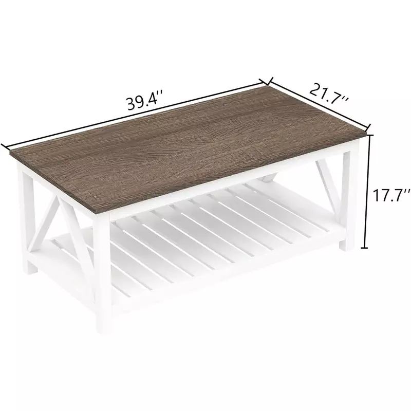 농가 커피 테이블 거실 가구, 흰색 소박한 빈티지 거실 테이블, 선반 포함, 럭셔리 디자인, 47
