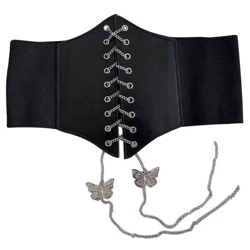 Womens Lace-up Elastic Waistband Butterfly Chain Band Waist Belt Corset Belt