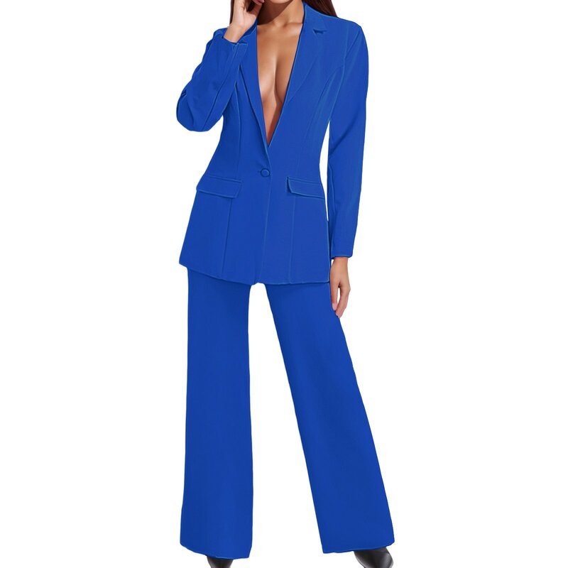 2024 Solid Women Jacket Breasted Pant Sets Two Piece Suit Wide Leg Pants Ladies Blazer Suits Elegant Normal Clothing