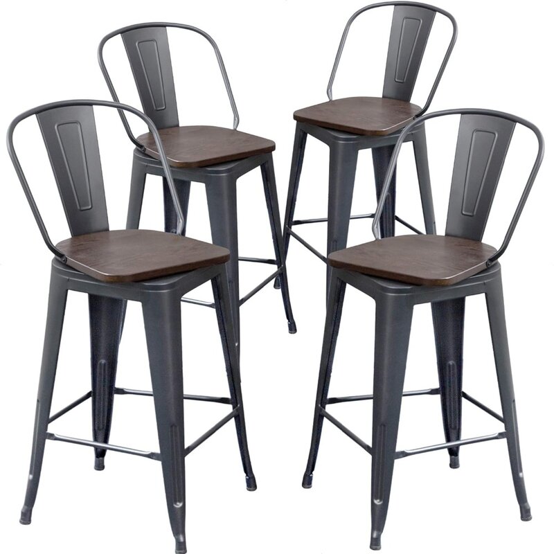 Banquetas de metal com encosto, cadeiras giratórias, assento de madeira, 2 contra altura, conjunto de 4