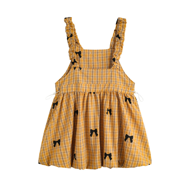 Estilo pastoral feminino listrado bowknot xadrez impresso vestidos, cintura apertada, vestidos curtos de tiras de verão, roupas pretas amarelas
