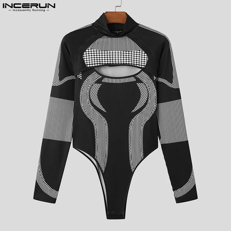INCERUN 2024 Sexy Men's Jumpsuits Locomotive Wind Printing Two-piece Bodysuits Stylish Male Triangle Long Sleeved Rompers S-3XL