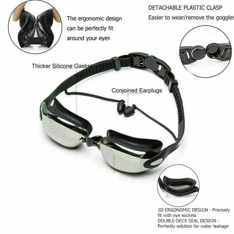 Tampões de ouvido integrados para adulto masculino e feminino, impermeável como anti nevoeiro, silicone galvanoplastia, óculos de natação planos, novo, 1 PC