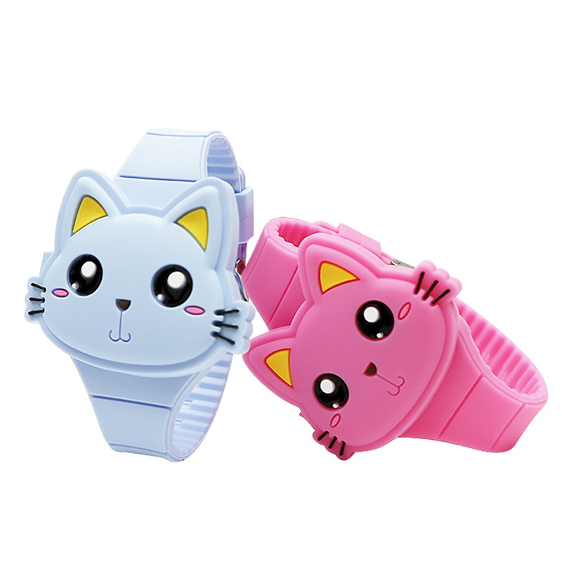 Модные детские часы в форме милого кота, светодиодные цифровые часы для девочек и мальчиков без бисфенола А, силиконовый ремешок, дизайнерские детские наручные часы-раскладушка