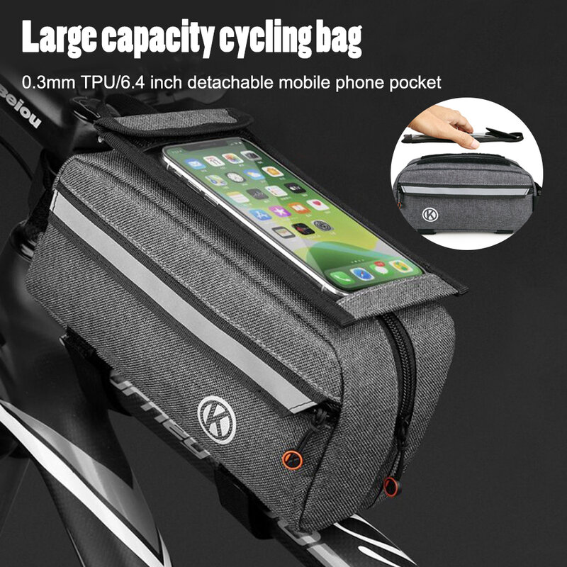 กระเป๋าจักรยานกระเป๋าด้านบนท่อด้านหน้ากระเป๋าสำหรับปั่นจักรยานกันน้ำเคสโทรศัพท์6.4in กระเป๋าหน้าจอสัมผัสแพ็คแถบสะท้อนแสงอุปกรณ์เสริม